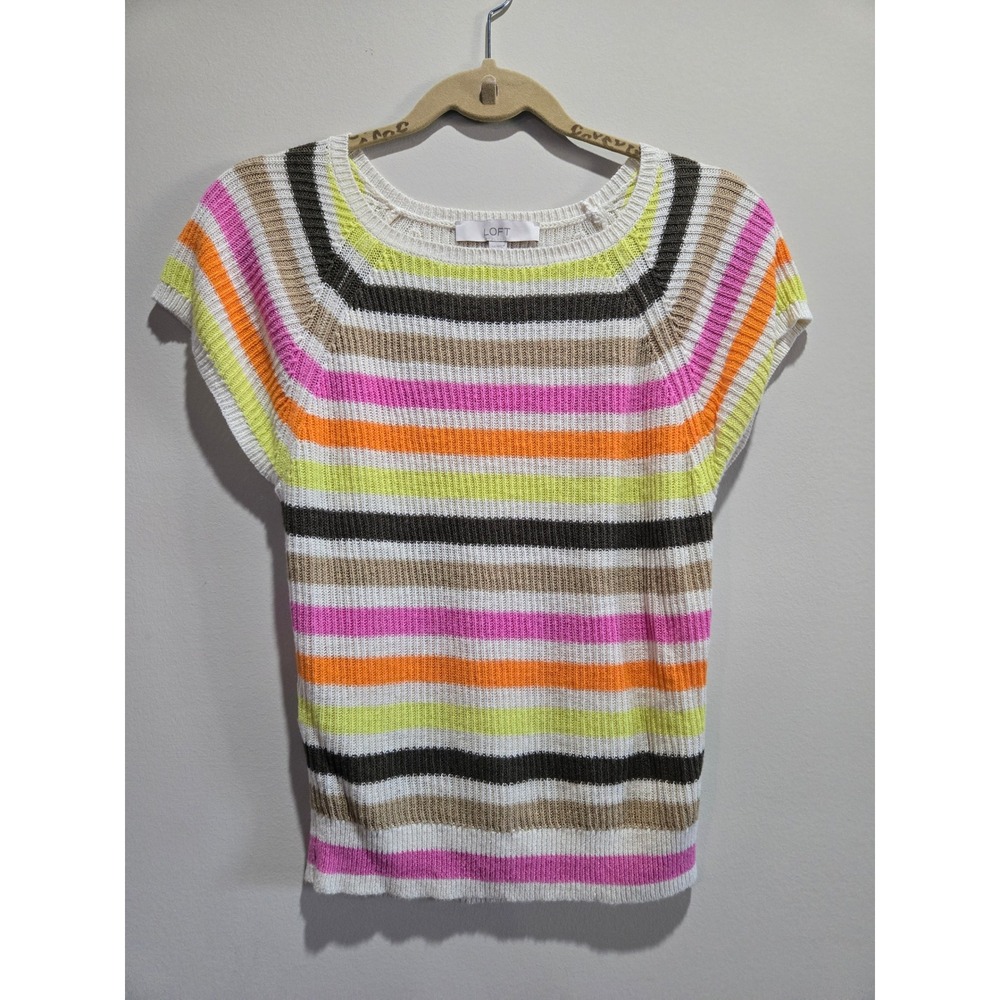 LOFT Womens Multi Color Striped Ribbed Knit Short Sleeve Sweater XS Ramie Blend